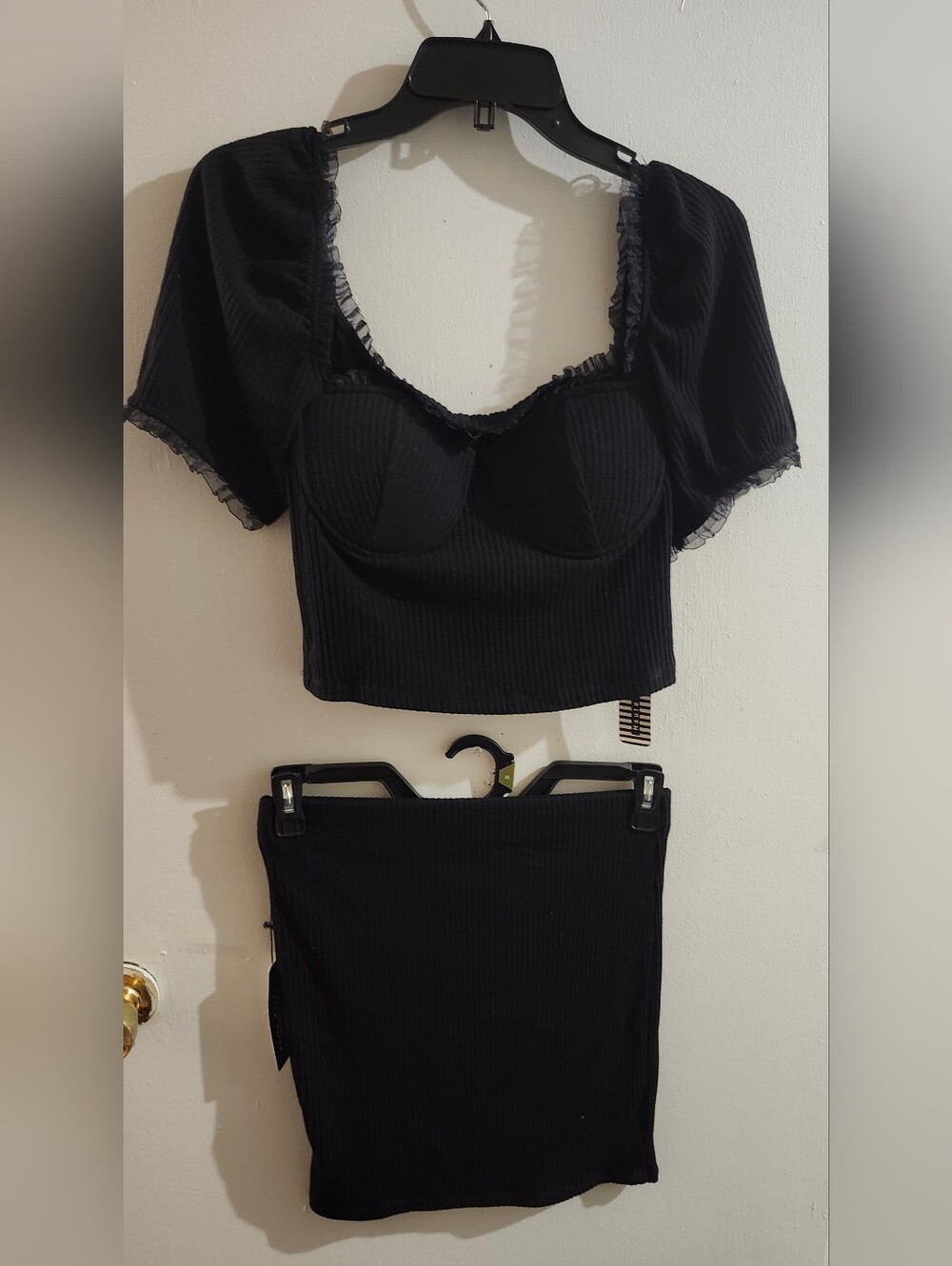 Black Ribbed Mini Skirt - Women's Two-Piece Set